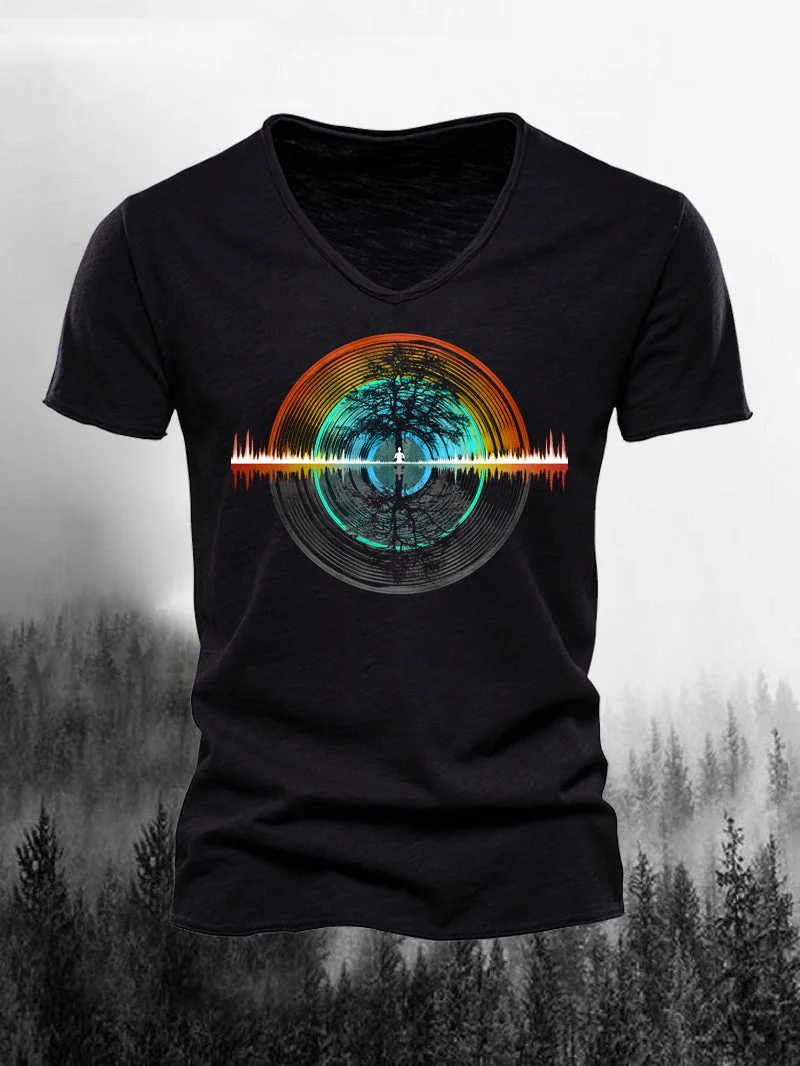 Men Record Graphic Slub Cotton V-Neck T-shirt and Forest Music Fade out Silence in  mildstyles
