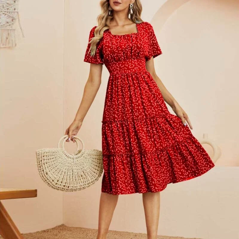 Summer Dress Women Short Sleeve High Waist Floral Print Midi Dress Casual Elegant Square Collar Holiday Beach clothes