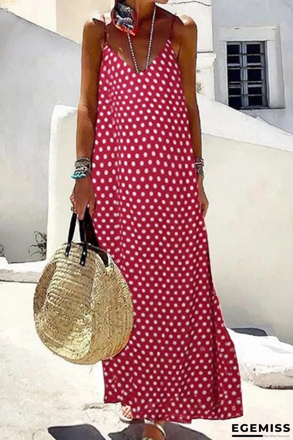 Polka Dots Print Sling V-neck Sleeveless Holiday Maxi Dress | EGEMISS