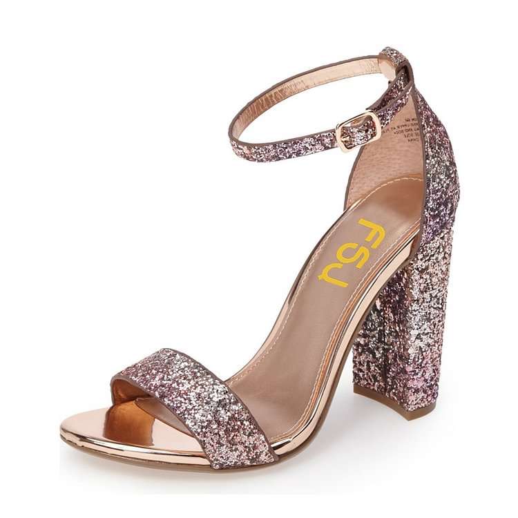 Pink Glitter Gradient Color Dazzling Chunky Heels Sandals |FSJ Shoes