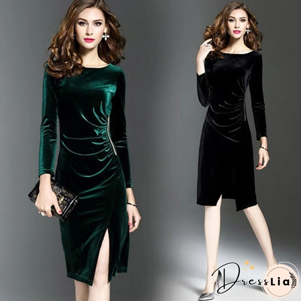 Women Bodycon Velvet Dress Pencil Skirt Hip Dress Dress Long Sleeve Skirt