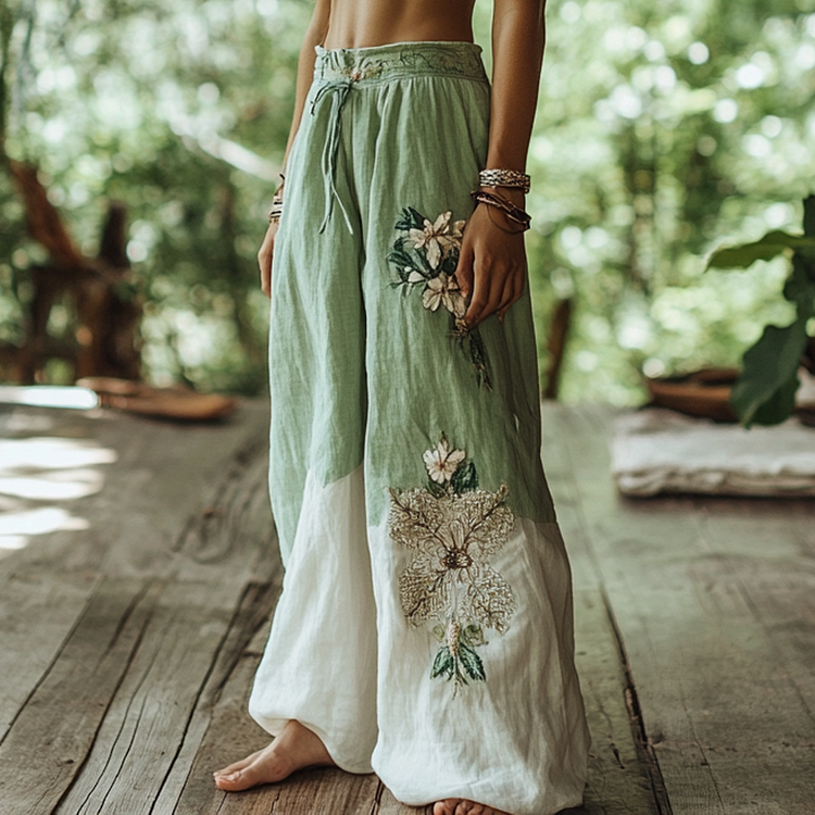 Utbros Vintage Bohemian Forest Floral Art Printed Cotton Linen Wide Leg Pants