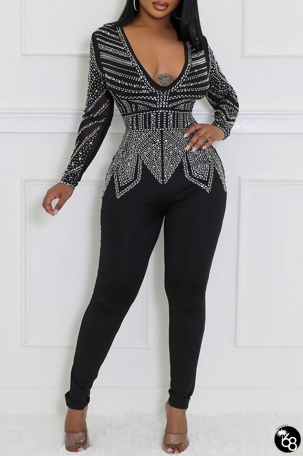 Sexy Patchwork Hot Drill V Neck Skinny Jumpsuits | 168DEAL