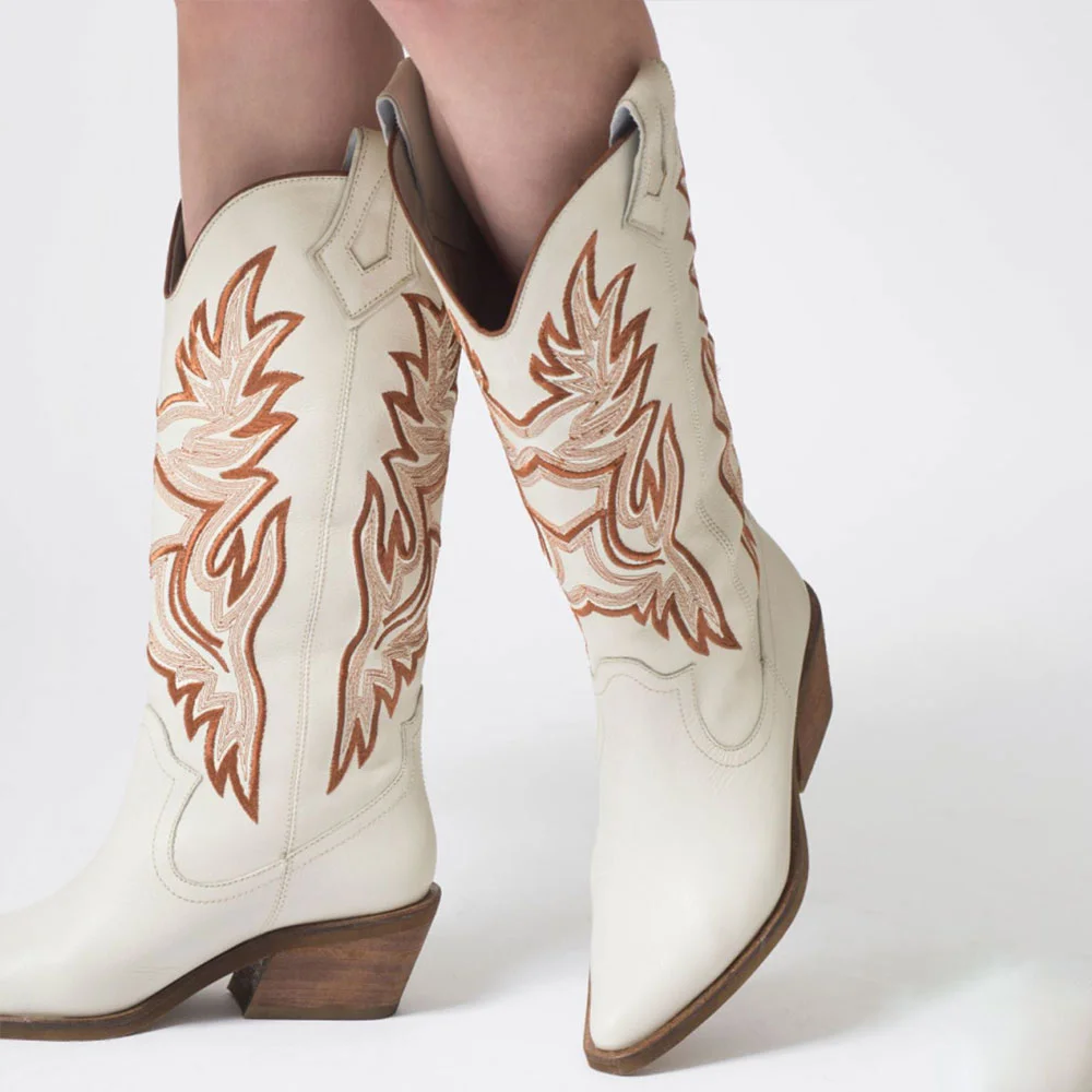 Ivory Chunky Heel Embroidered Snip Toe Western Cowgirl Boots for Women