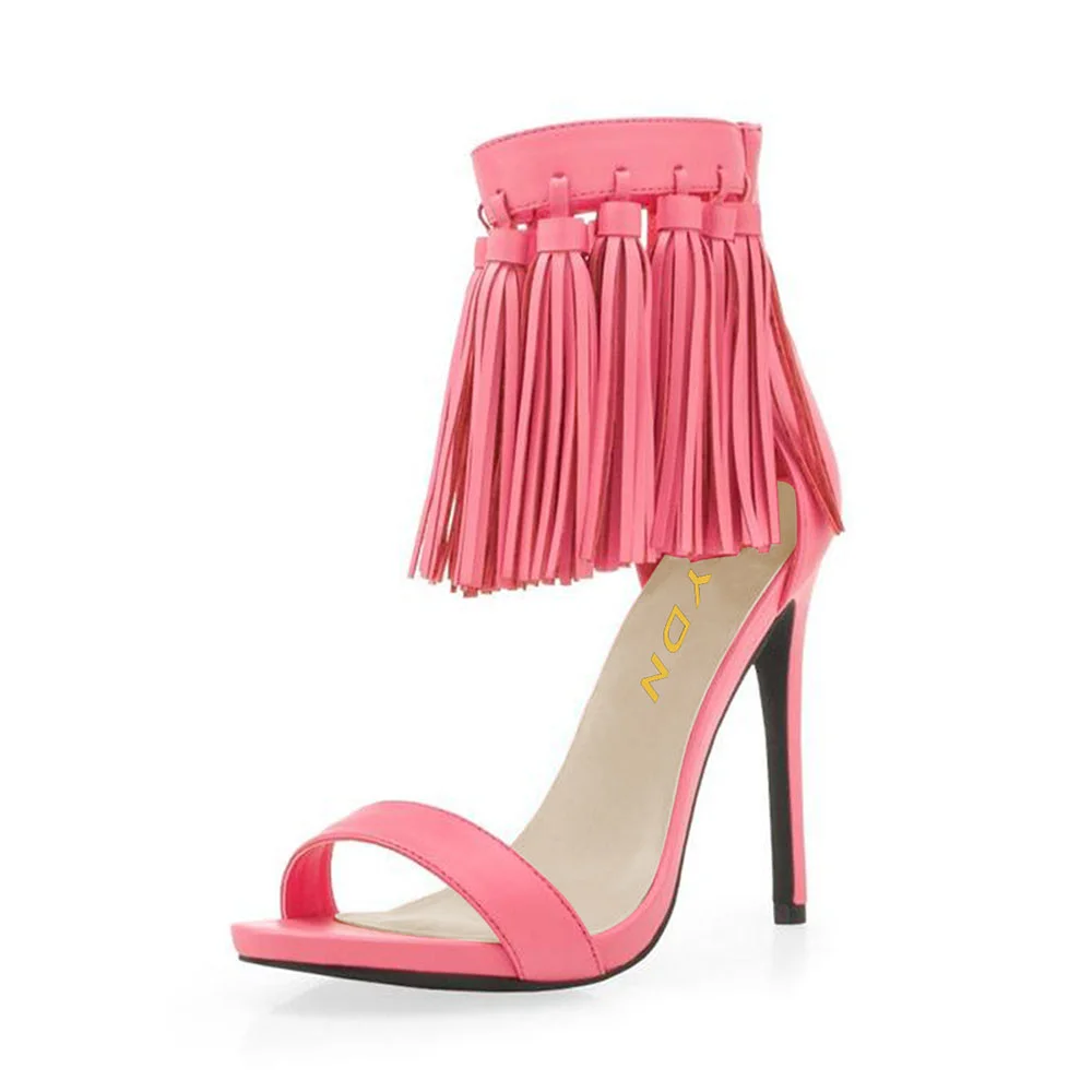 Pink Open Toe Tassel Ankle Strap Women's Heel Sandals with Zipper
