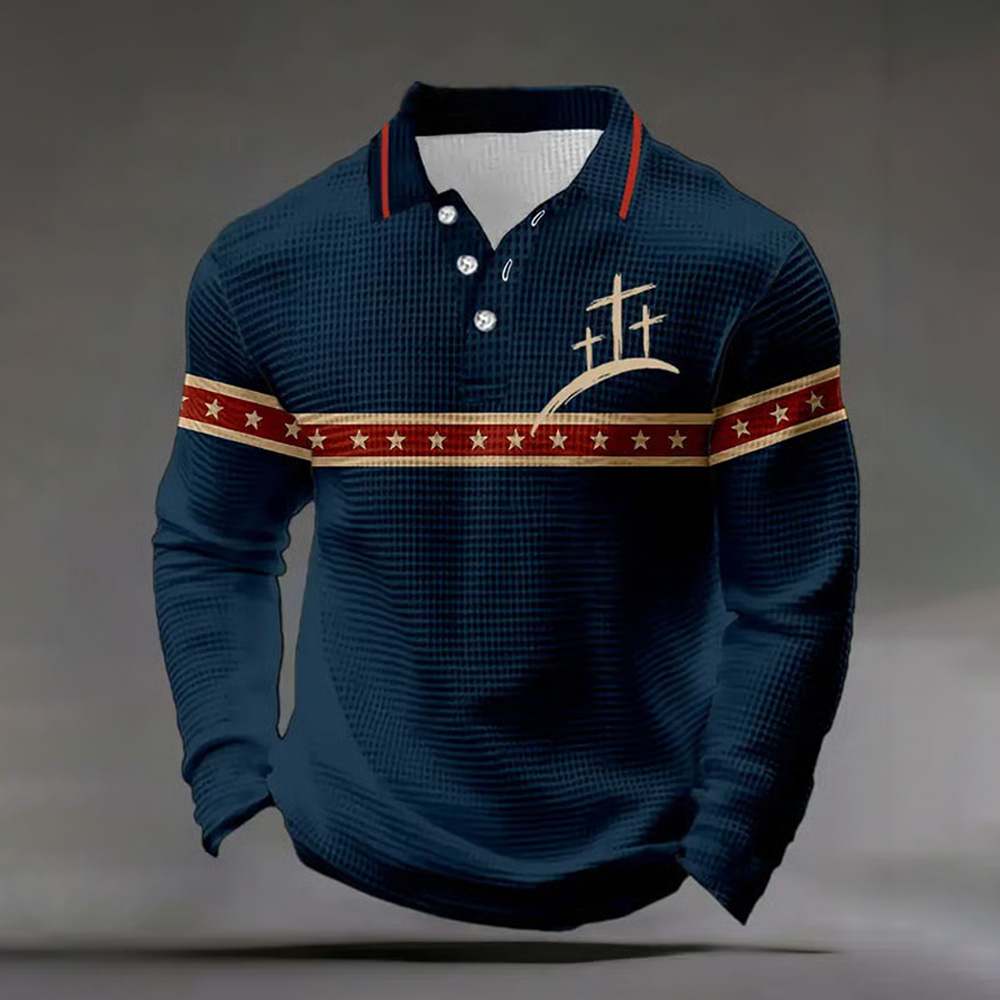 Men's Retro Letter Design Waffle Fabric Long Sleeve Polo Shirt wearshes