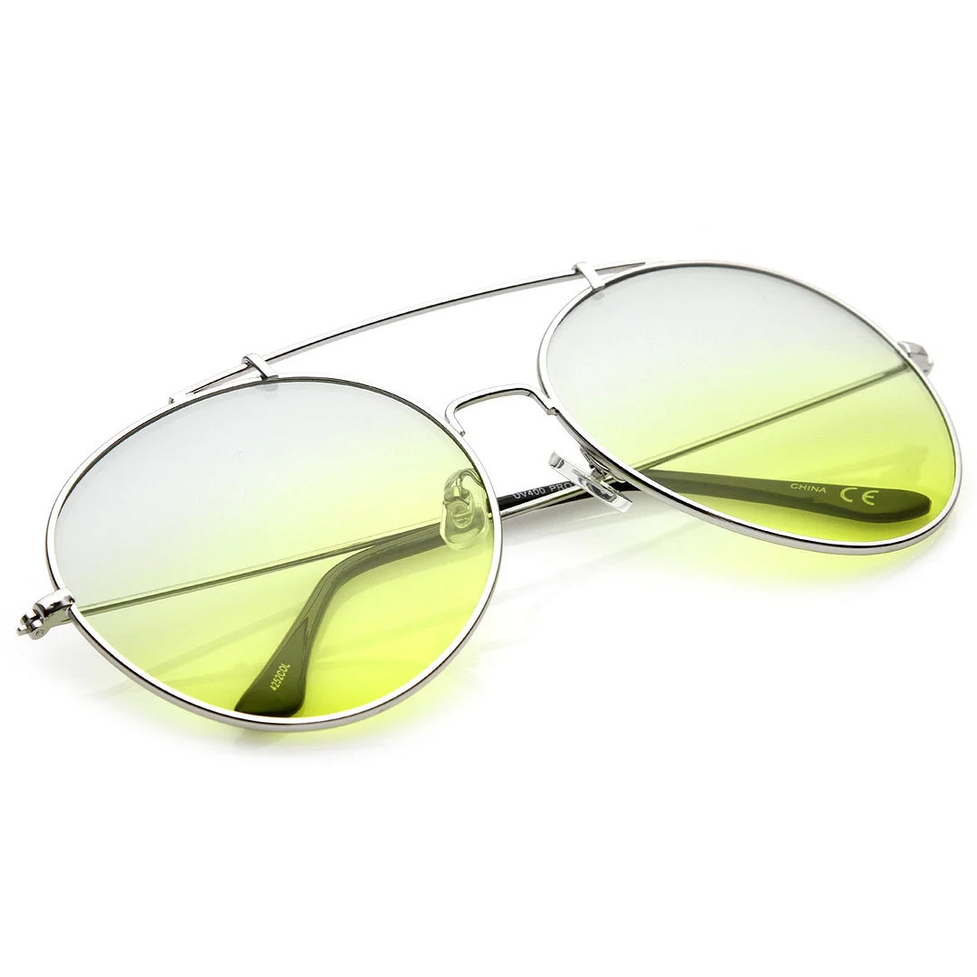Oversize Metal Double Nose Bridge Slim Arms Gradient Round Lens Aviator glasses 64mm