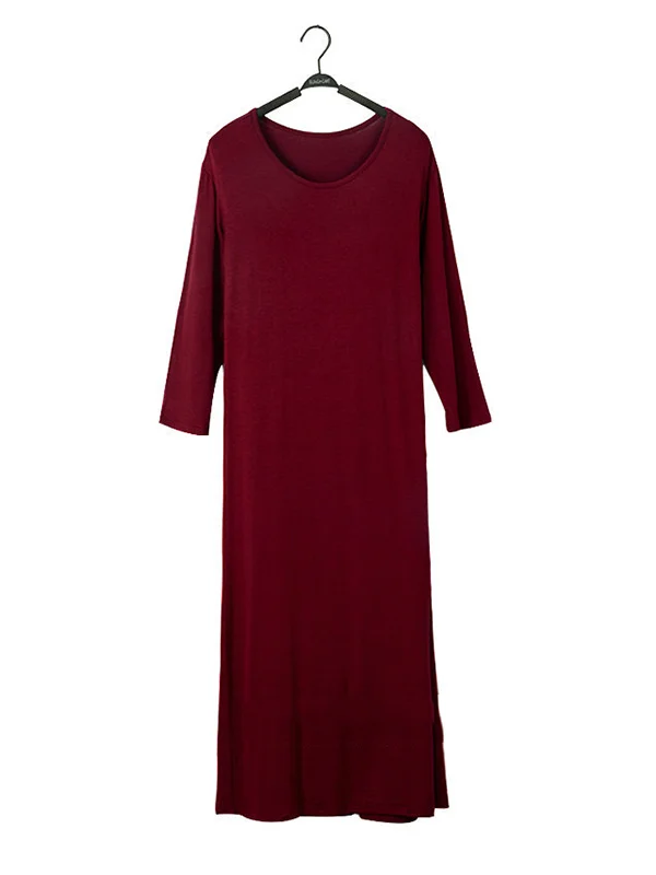 Simple Modal Solid Color Round-Neck Long Sleeves Midi Dress