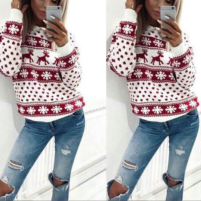 Christmas Fawn Printed Round Neck Sweater