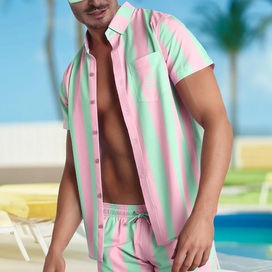 Men's Shirt Plus Size Short Sleeve Hawaii Beach Pink Barbie Stripes Summer Daily Top Pink、、URBENIE