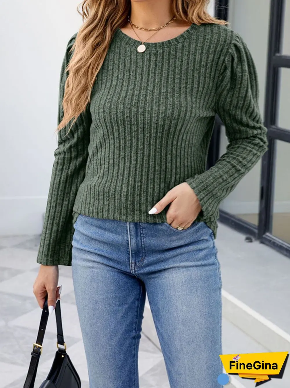 Women's Striped Solid Color Scoop Neck Ruffled Long Sleeve Sweater Top