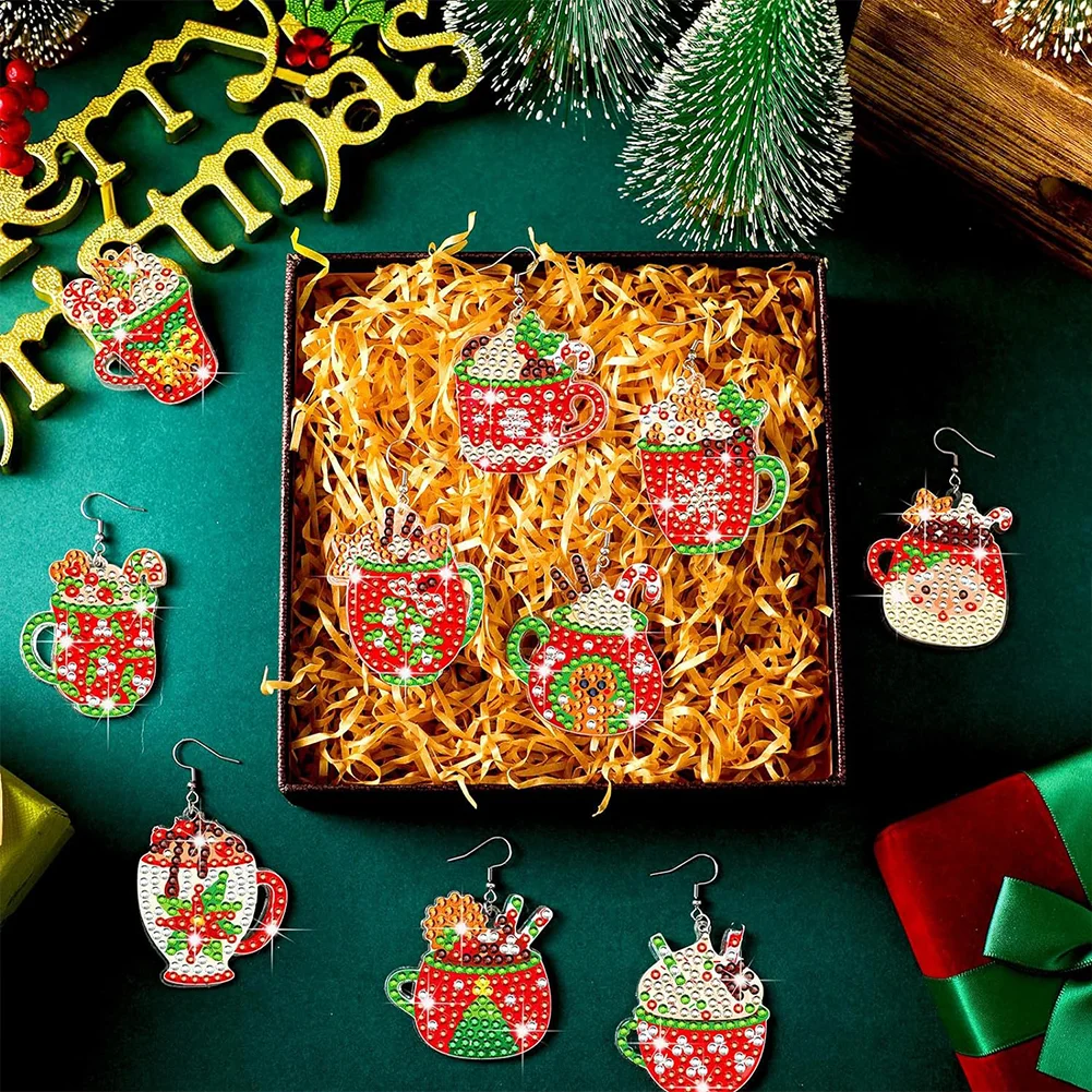 9 Pairs Christmas Cup Double Sided Diamond Painting Earrings Dangle Drop Diamond Art Earring Kit