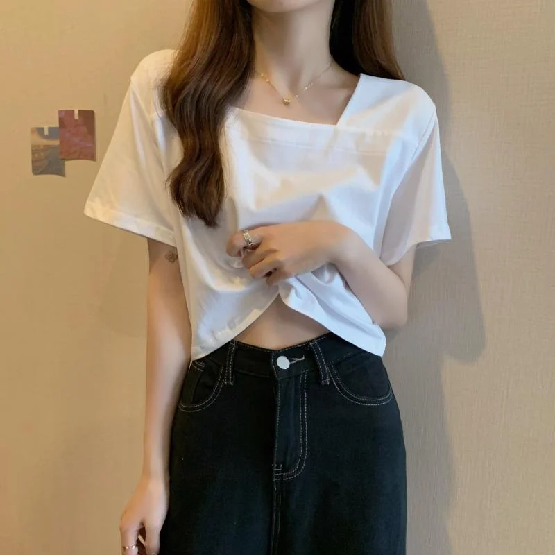 Uveng Uveng Collar Sexy Black Short-Sleeved T-Shirt Female 2024 Summer Loose Sweet Spicy Wind Design Sensible Collarbone Short Top