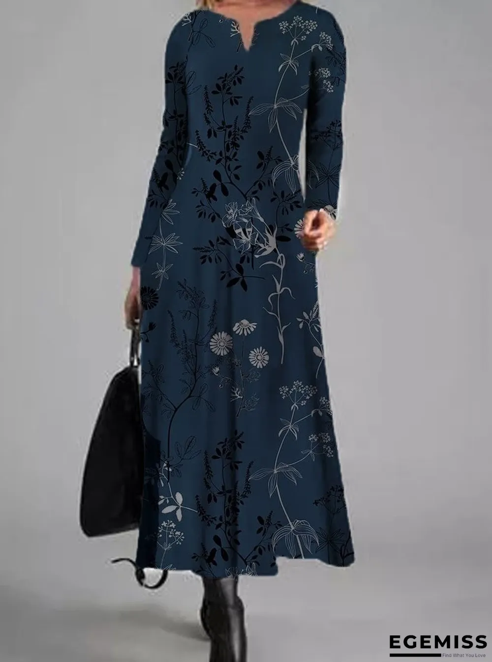 Floral Print V-neck Long-sleeved Maxi Dress | EGEMISS