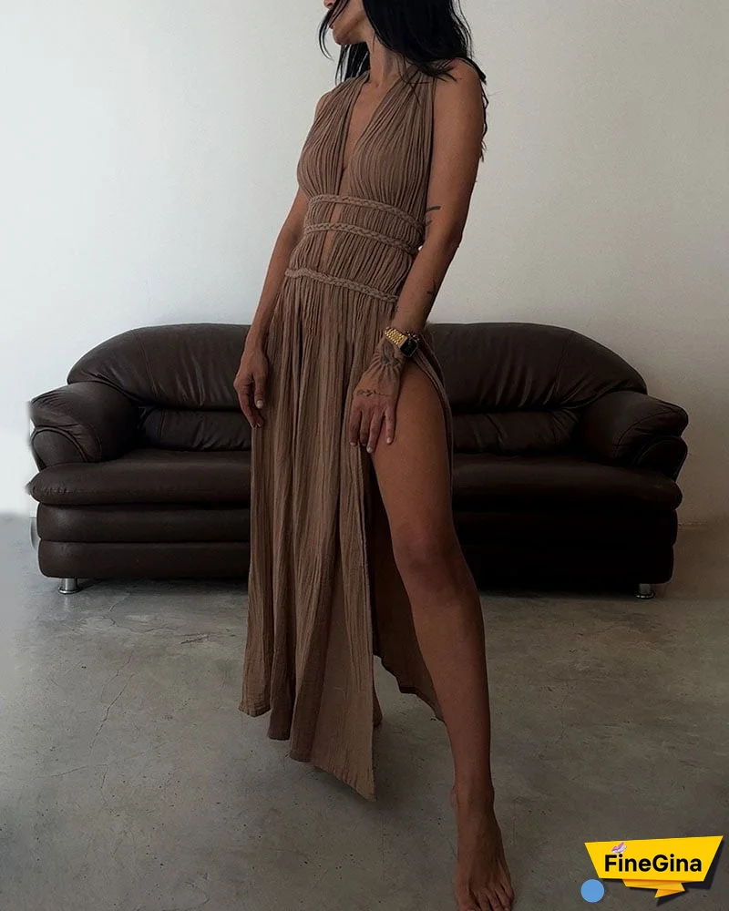 Sexy Bohemian Solid Slit V Neck Beach Dresses(3 Colors)