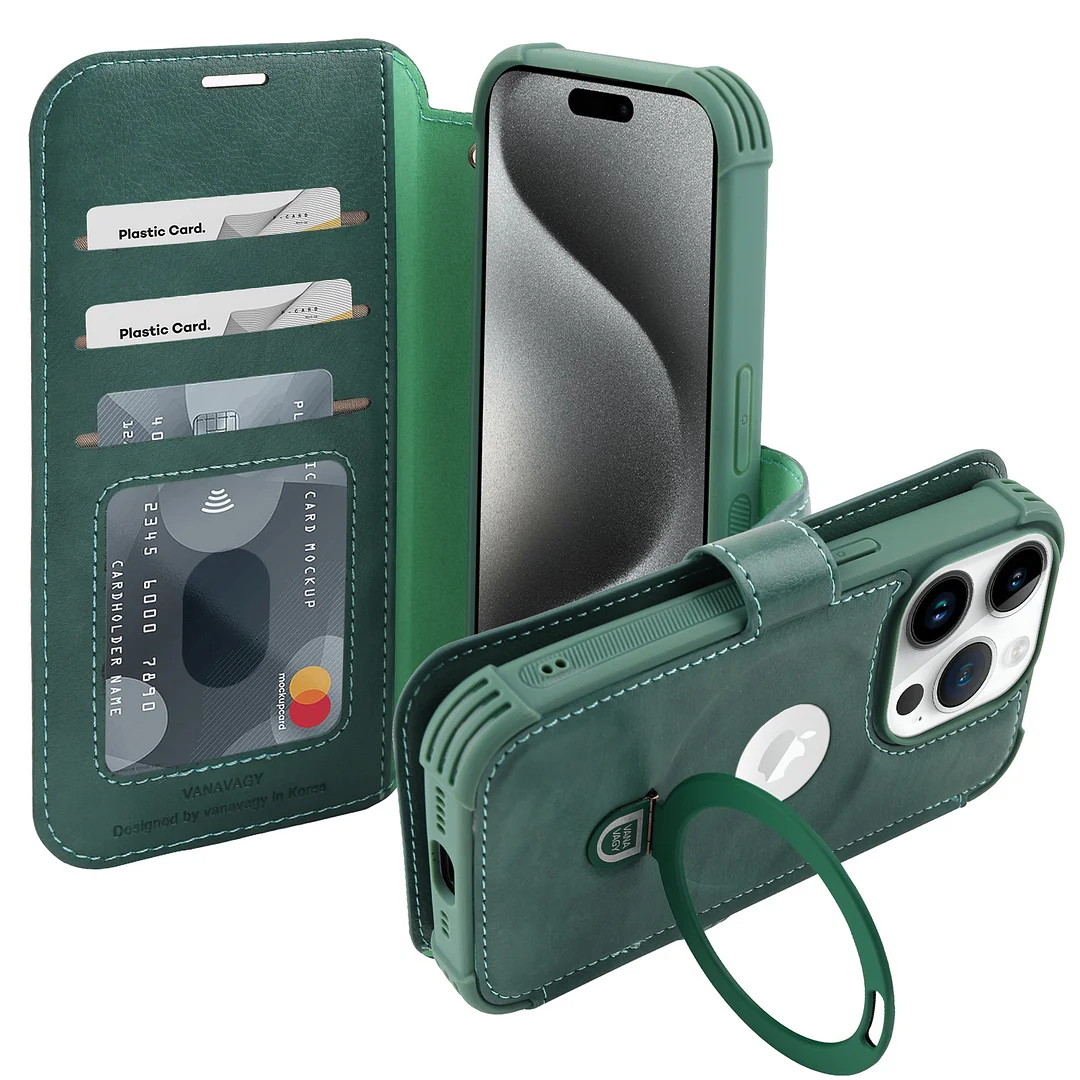 VANAVAGY Wallet Case for iPhone 15 Pro Case Magnetic Ring Holder Flip Shockproof Leather Phone Case