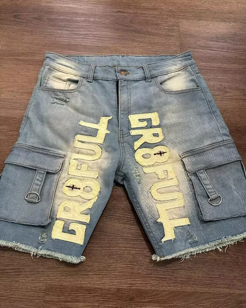 Multiplewell American Y2K New Fashion Trend Letters Embroidered Denim Shorts Men Street Hip Hop Retro Loose Jeans Couple Casual Denim Shorts
