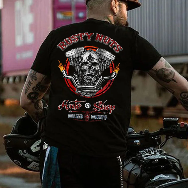 RUSTY NUTS AUTO SHOP Skull Engine Print Men's T-shirt
