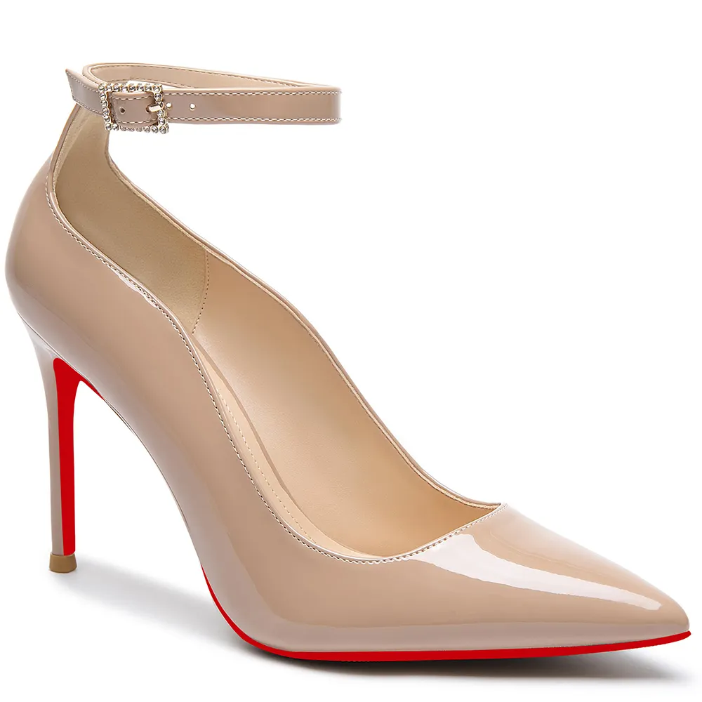 100mm Women's Wedding Party Heels Classic Color Red Bottom Patent Ankle Strap Pumps -vocosishoes