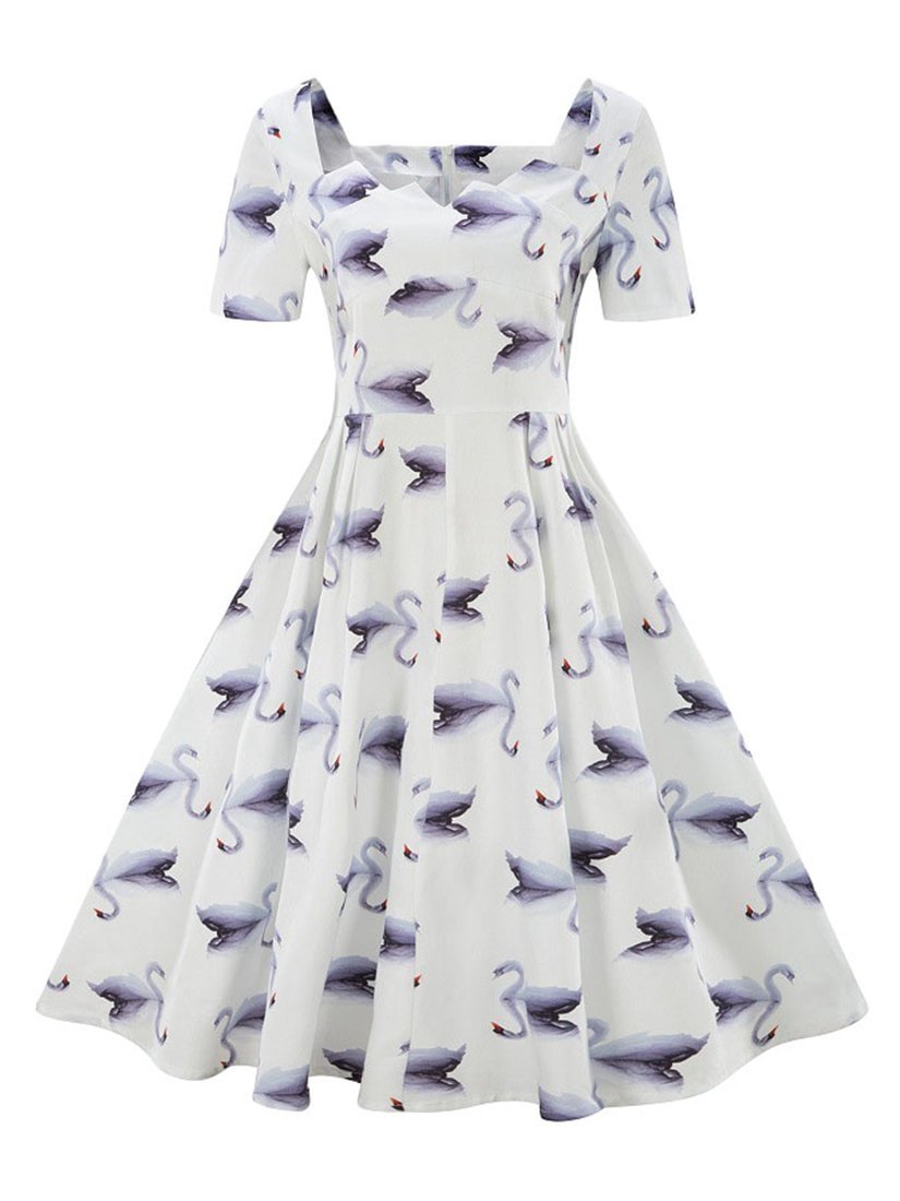 Women's 1955s Dress Elegant Neckline Short Sleeve Print Dress