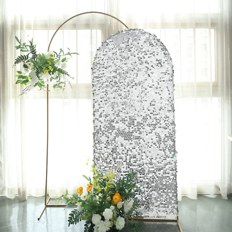 Sparkly Silver Double Sided Big Payette Sequin Fitted Wedding Arch Cover For Round Top Chiara Backdrop Stand 6ft