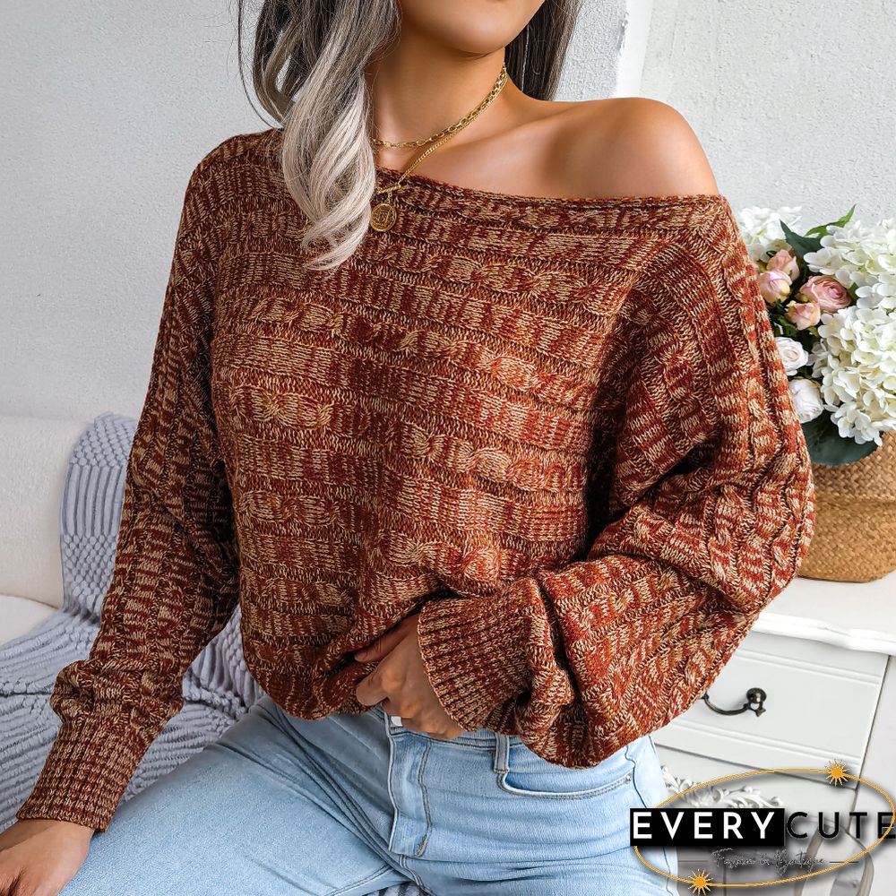 Orange Drop Shoulder Long Sleeve Cable Knit Sweater