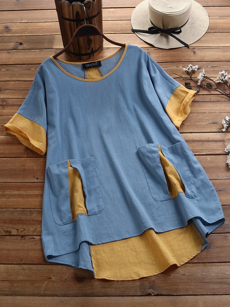 Patchwork O Neck Short Sleeve Blouse With Pocket P1655208