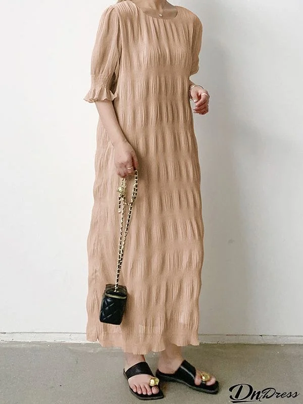 Flared Sleeves Half Sleeves Pleated Solid Color Round-Neck Midi Dresses