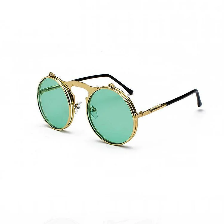 Vintage Steampunk Flip Retro Round Metal Frame Sunglasses at Hiphopee