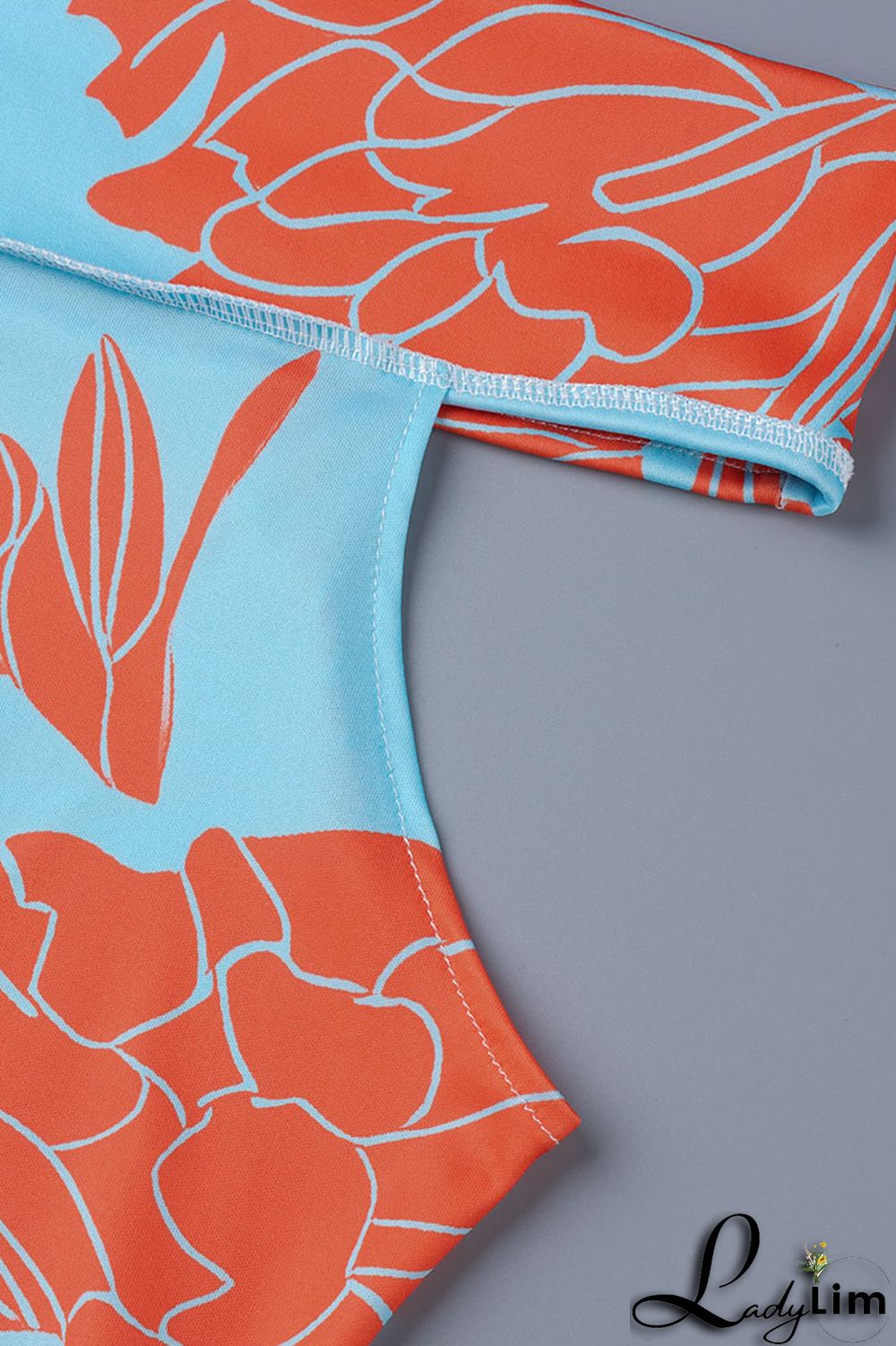 Light Blue Fashion Casual Print Patchwork Backless Off the Shoulder Short Sleeve Two Pieces