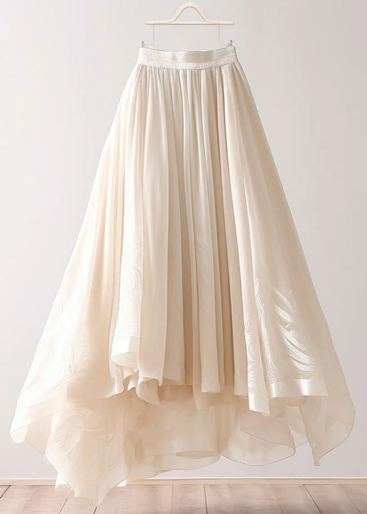 Simple Beige Asymmetrical Wrinkled Elastic Waist Chiffon Skirt Summer
