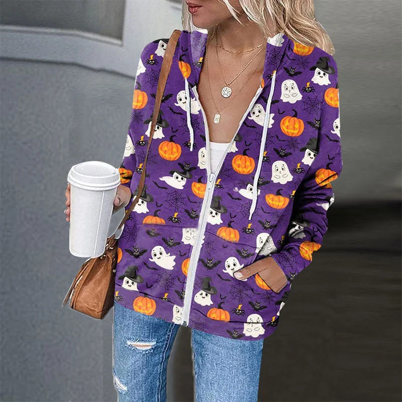 Cute Little Baby Ghost And Pumpkins Pattern Women Zipper Up Hooded Sweatshirt