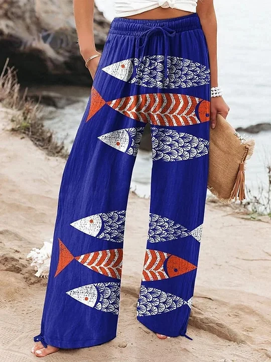 Women's  Fish  Art Printed Cotton And Linen Casual Pants