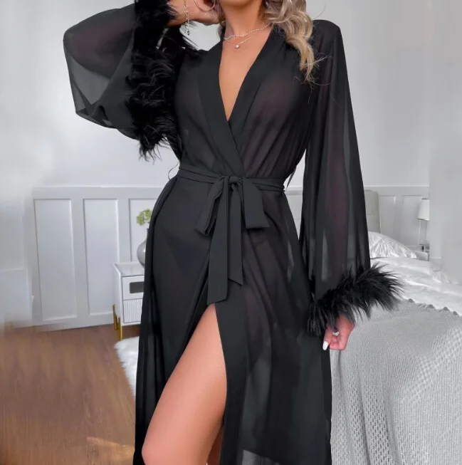 Uveng Uveng Summer New Simulation Silk Feather Long-Sleeved Pajamas Pyjamas Comfortable Tied Lady's Homewear
