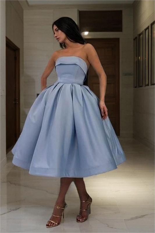 Hidais Chic Blue Strapless Sleeveless A Line Short Homecoming Dress With Pleated