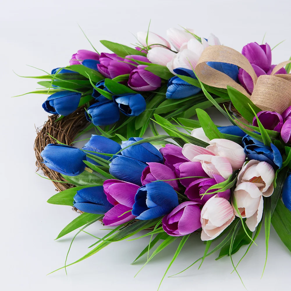 Natural Rattan Festive Simulation Blue Purple Tulip Wreath Decoration