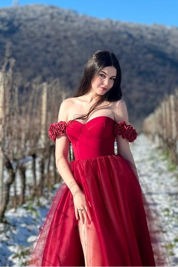 Charming Red Tulle Off the Shoulder Long Pleated Flower Prom Dress with Split | MS0483  