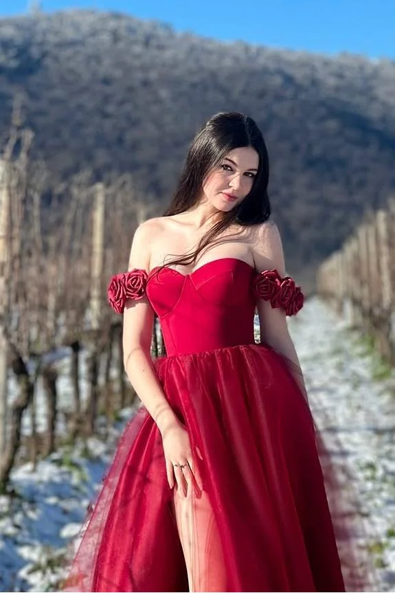 Miabel Charming Red Tulle Off the Shoulder Strapless Long Pleated Flower Prom Dress with Split 