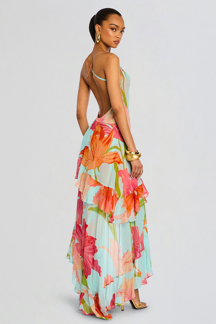 Floral Print Ruffled High Slit Irregular Slip Maxi Dresses-Blue