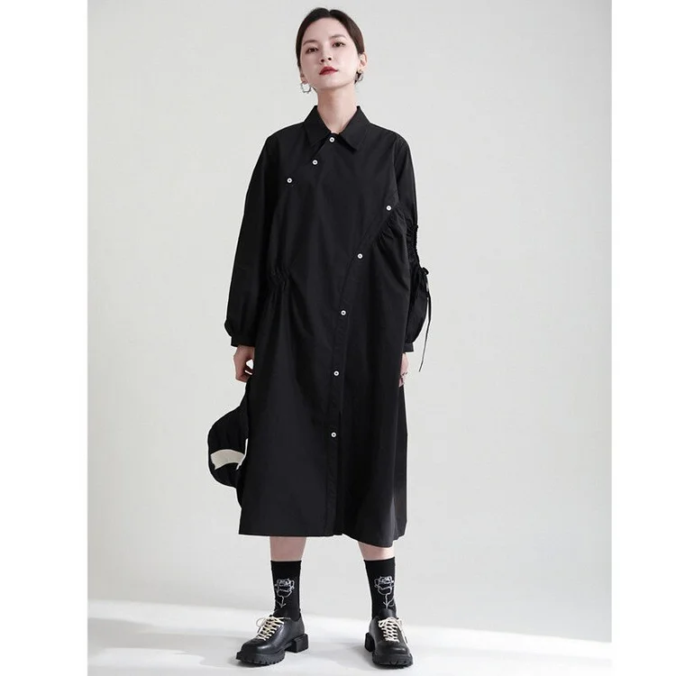 Chic Loose Solid Color Lapel Irregular Button Long Sleeve Hollow Out Drawstring Dress   