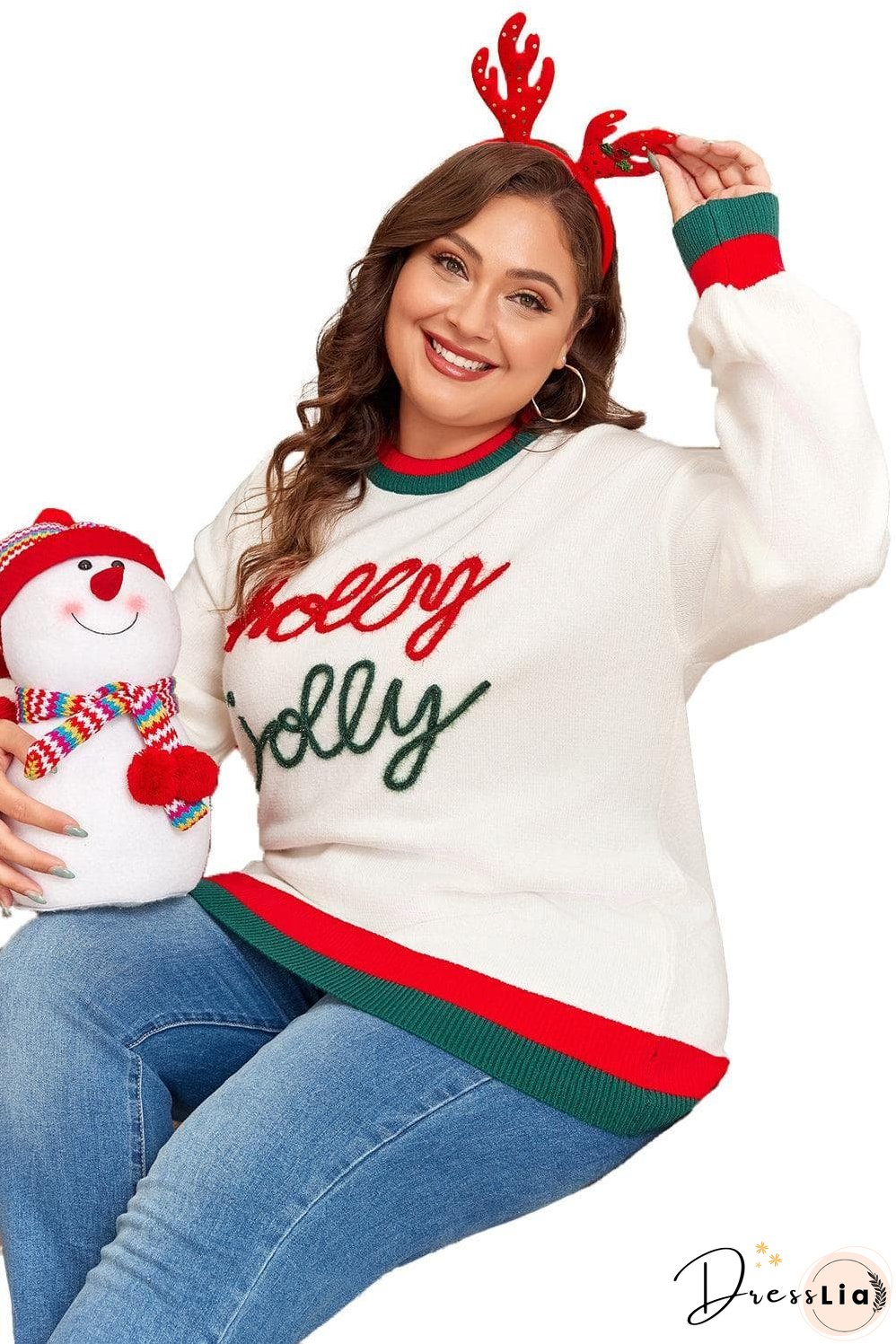 White Tinsel holly jolly Pattern Colorblock Edge Drop Shoulder Plus Size Sweater