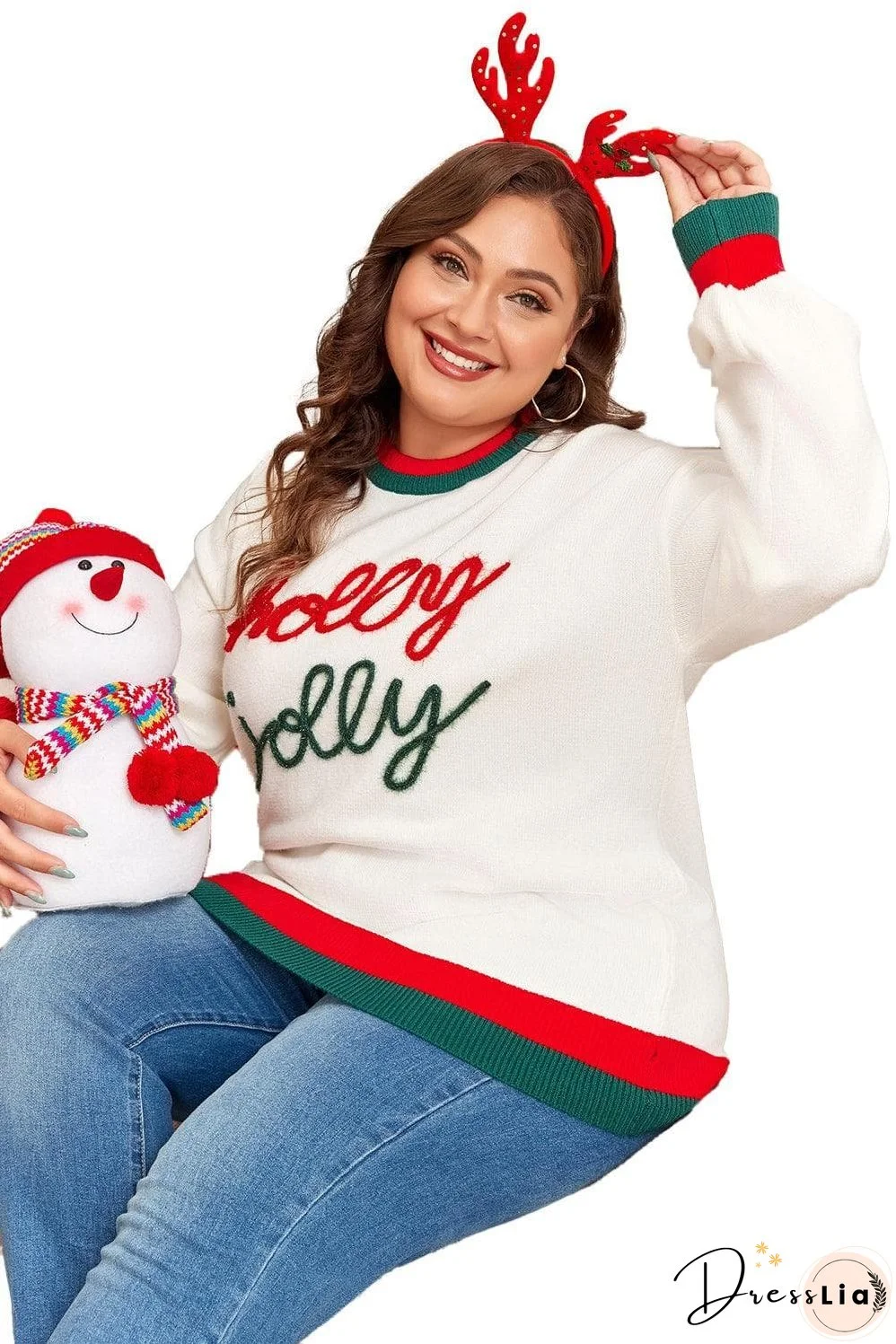 White Tinsel holly jolly Pattern Colorblock Edge Drop Shoulder Plus Size Sweater