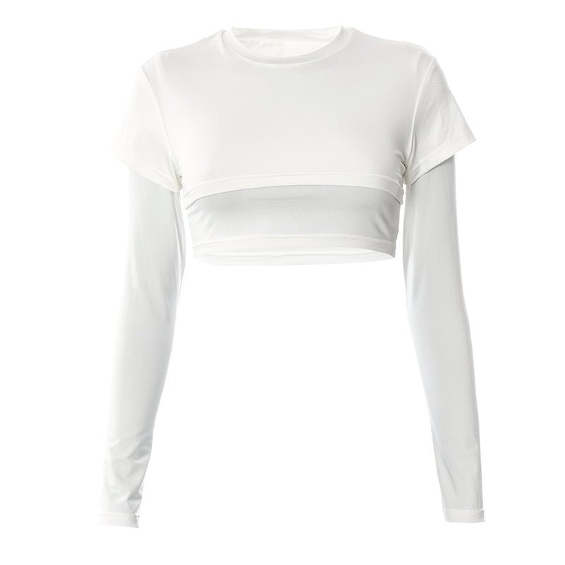 BOOFEENAA Fake Two Piece Long Sleeve T Shirts for Women Clothing Street Fashion Sexy White Crop Tops Spring 2022 C85-BF18