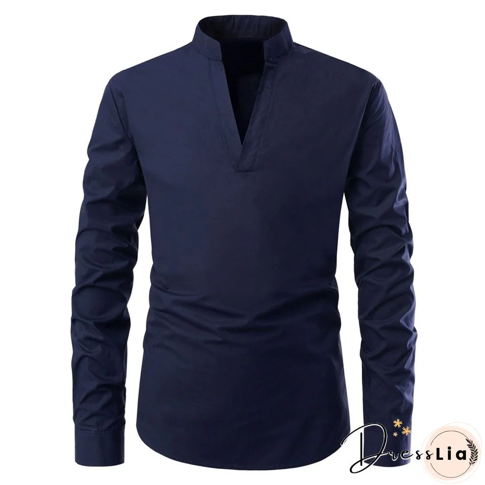 Casual Men Stand Collar Long Sleeve Shirt