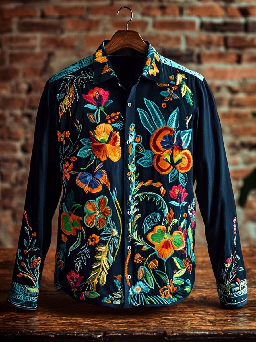 Men's Retro Casual Western Ethnic Print Long Sleeve Shirt 