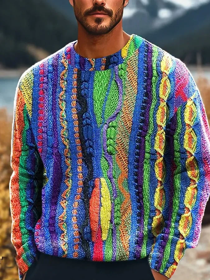 Gentleman's Vintage Multicolor Abstract Gradient Art Printed Knit Crew Neck Pullover