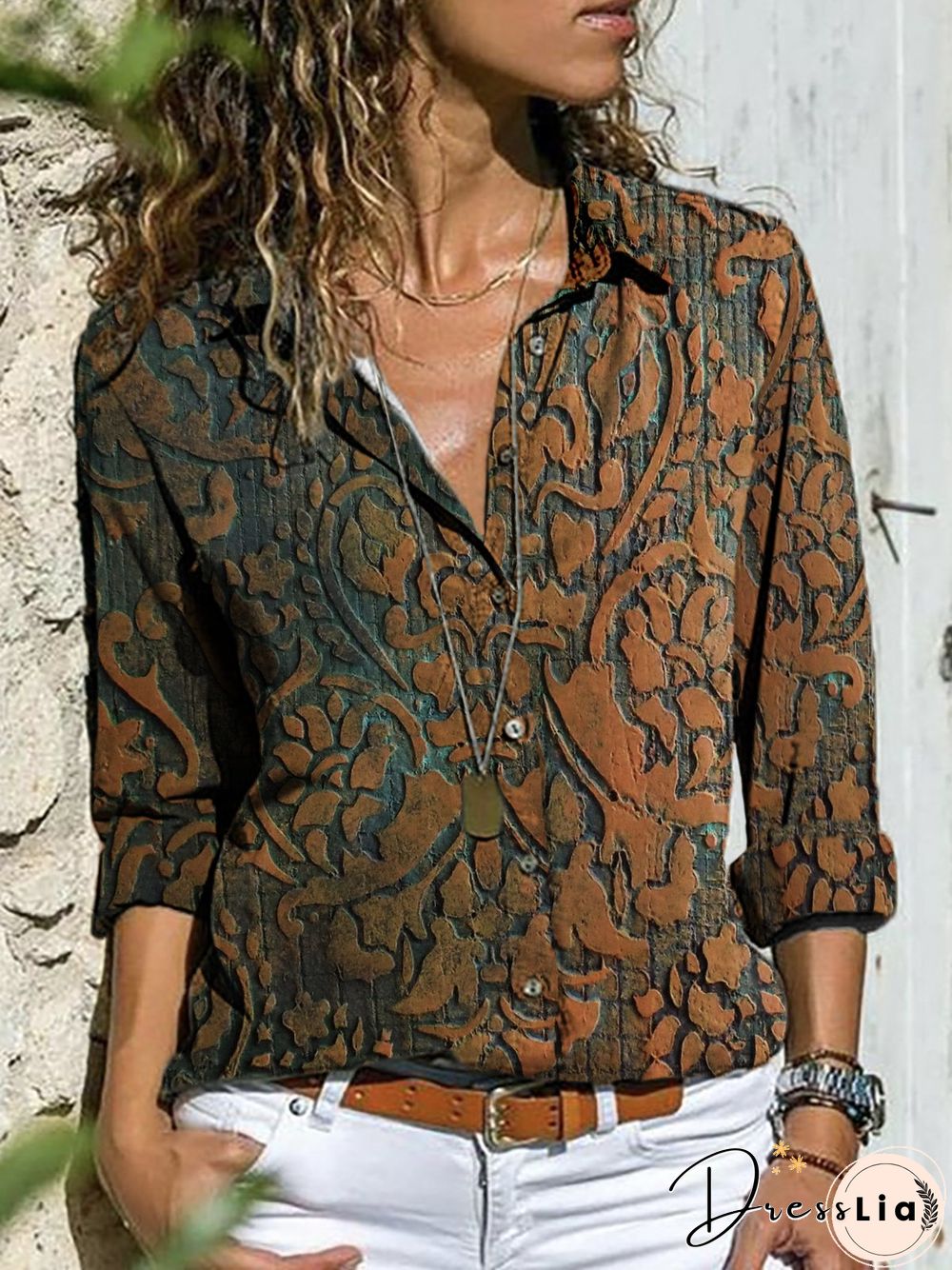 Abstract Long Sleeve Buttoned Plus Size Casual Shirts