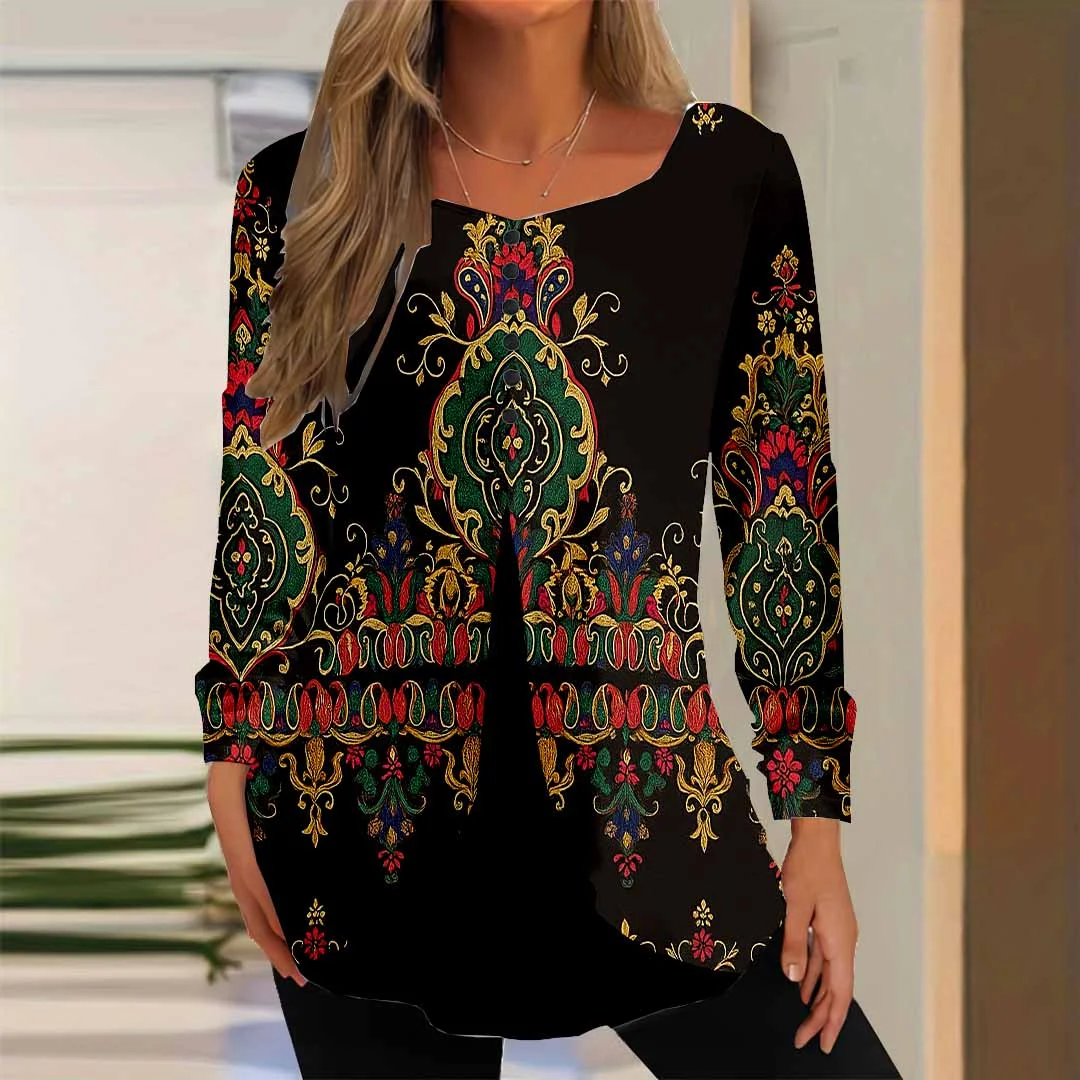 Women Graphic,Black DZGG8175 Long Sleeve Scoop Neck Printed Graphic Button Fake 2in1 Tops