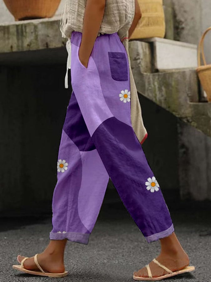 Women's Vintage Pansy Floral Design Print Lace-Up Elastic Waist Loose Casual Pants