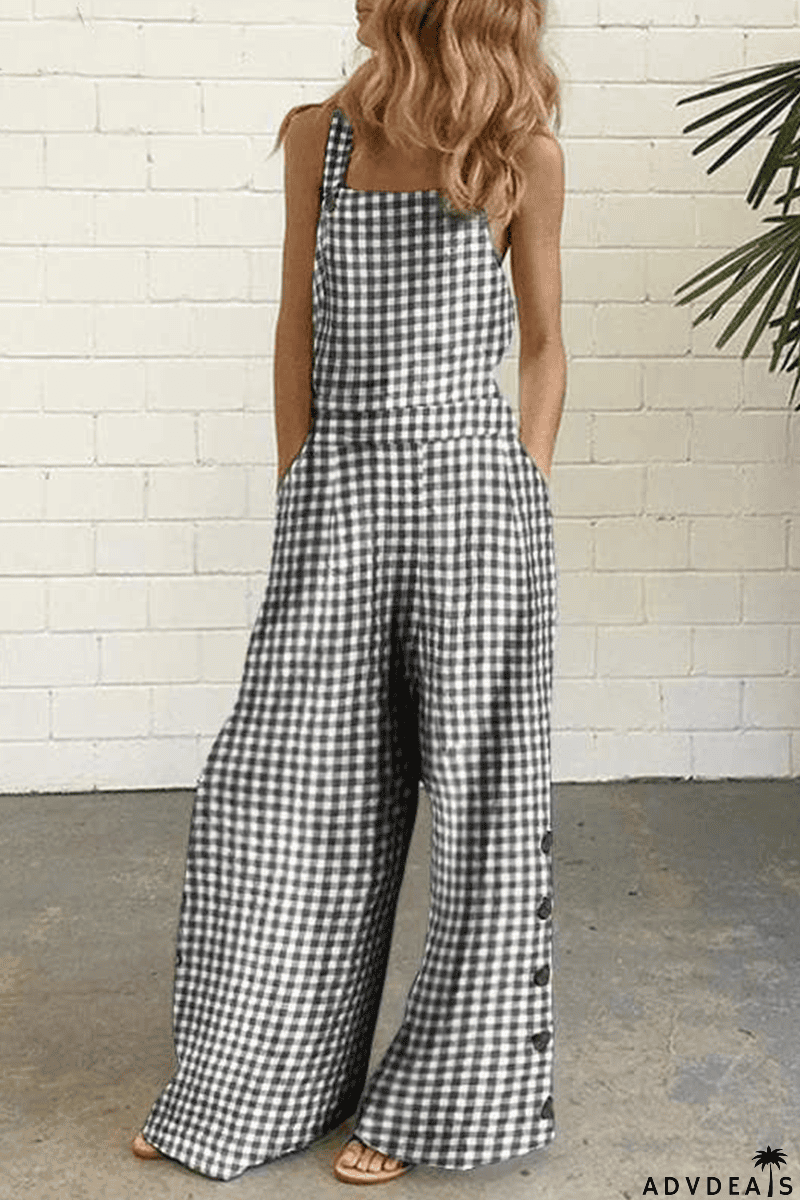 Casual Plaid Buttons Square Collar Straight Jumpsuits(4 Colors)